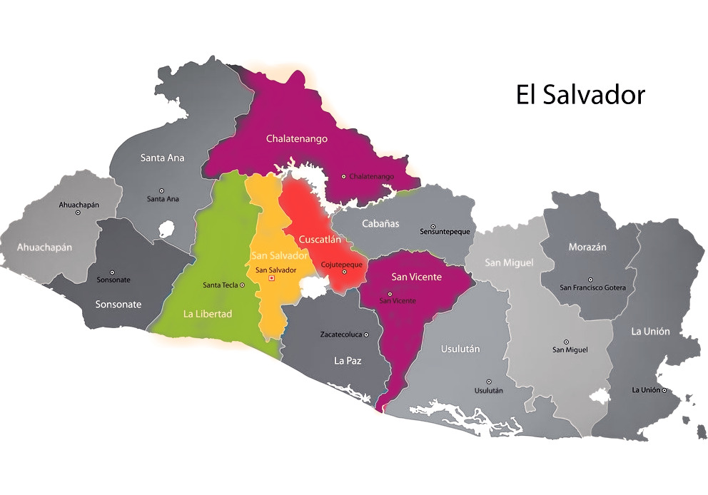 Map of the departments of El Salvador where CRIPDES has regionals