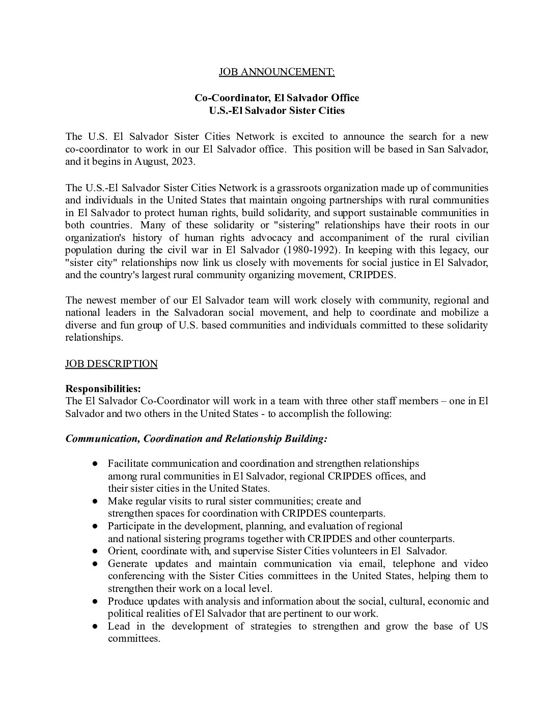 USESSC Job Announcement, Summer 2023.docx U.SEl Salvador Sister Cities